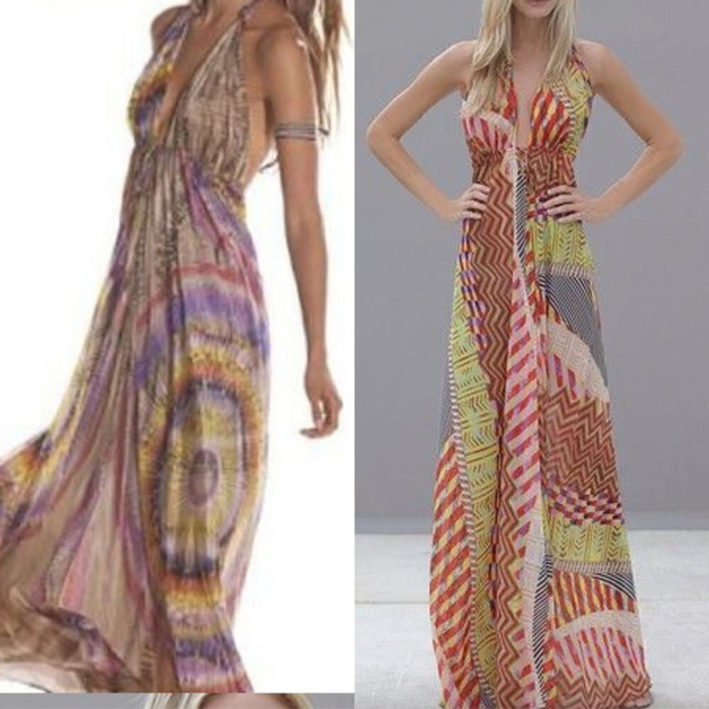 NWT Alexis Tula Yoda Silk Blue Abstract Print Halter Maxi Dress with Train Small - Picture 2 of 11